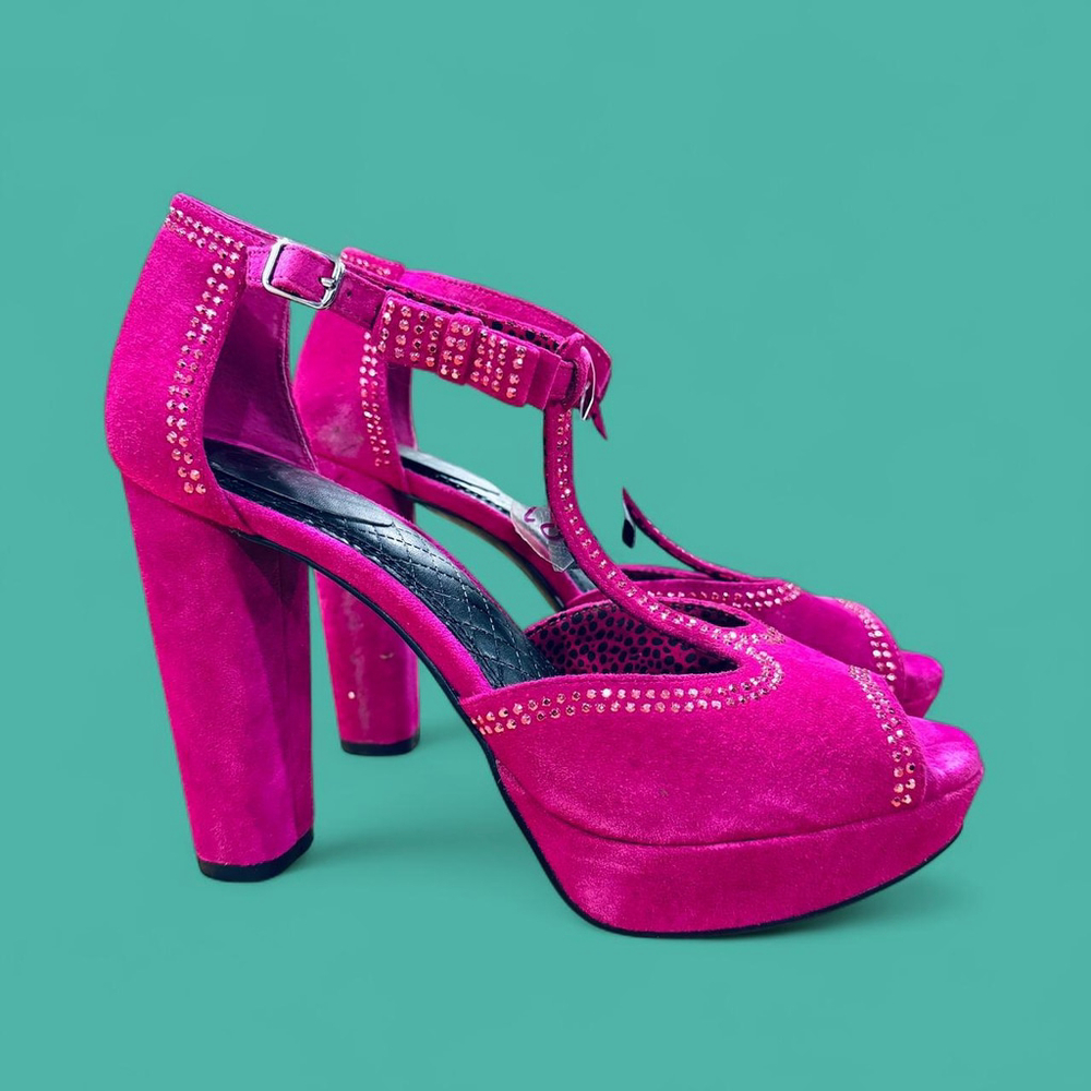 Fuchsia Pink T-Strap Suede Platform Peep-Toe Block Heels Gianni Bini 9 - Picture 2 of 8